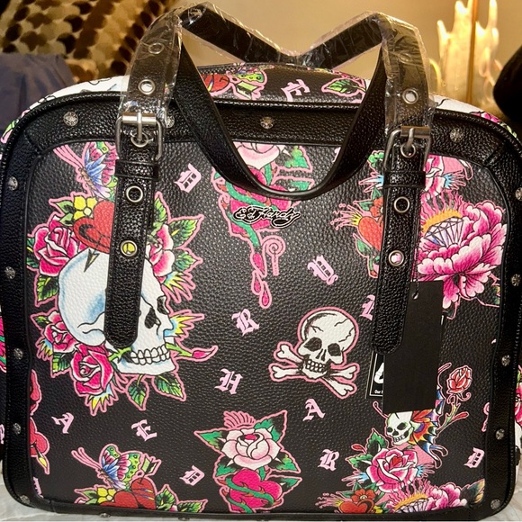 Ed Hardy Handbags - Ed Hardy Black and Pink Skull Floral Satchel